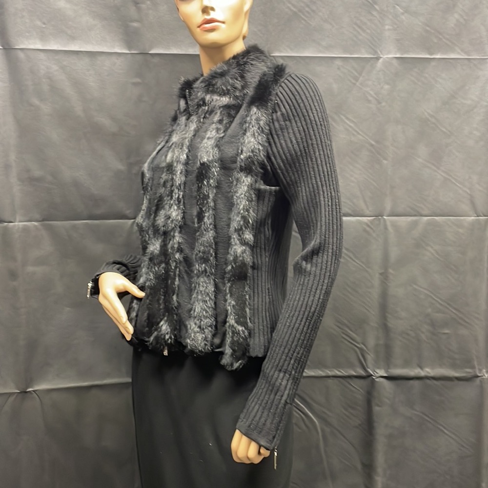 Vintage Dolce Cabo Black Knit Fur Front Zipper Cardigan - Picture 1 of 14